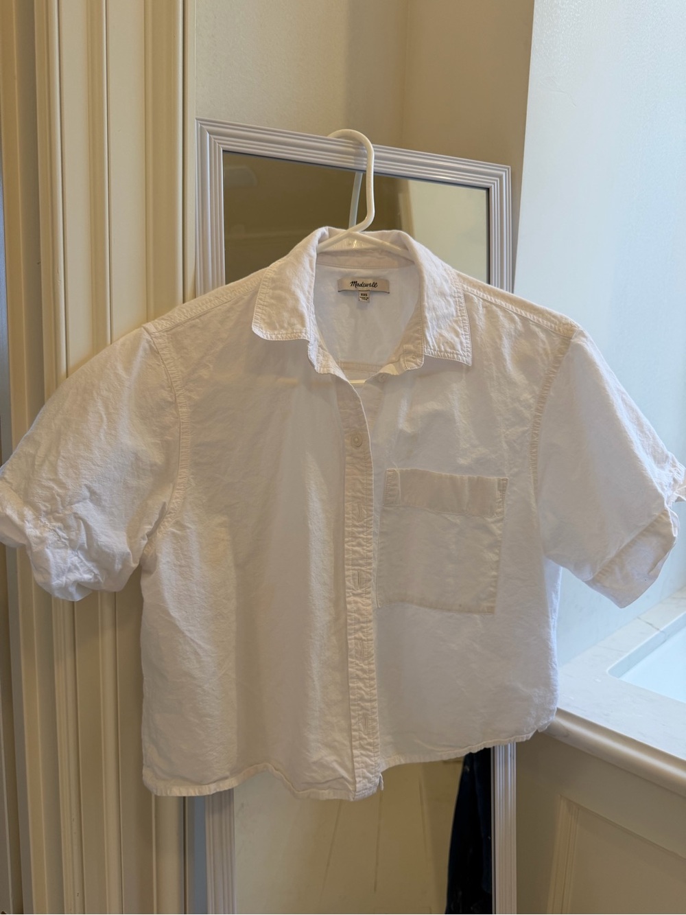 Madewell White Short-Sleeve Cotton Button-Down Crop Shirt